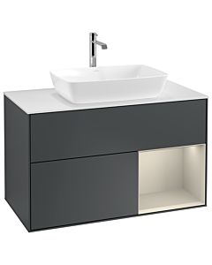 Villeroy und Boch Finion Waschtischunterschrank G781HHHG 100cm, Abdeckplatte white matt, Emotion, Regale sand matt lacquer, Midnight Blue Matt Lacquer