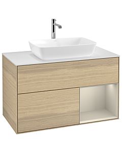 Villeroy und Boch Finion Waschtischunterschrank G781HHPC 100cm, Abdeckplatte white matt, Emotion, Regale sand matt lacquer, Oak Veneer