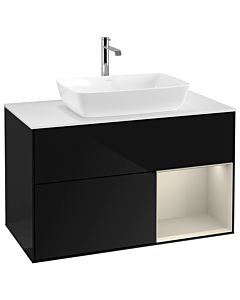 Villeroy und Boch Finion Villeroy und Boch G781HHPH 100cm, plaque de recouvrement blanc mat, Emotion, étagères laqué sable sable, Glossy Black Lacquer