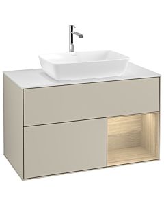 Villeroy und Boch Finion Waschtischunterschrank G781PCHH 100cm, Abdeckplatte white matt, Emotion, Regale Oak Veneer, Sand Matt Lacquer