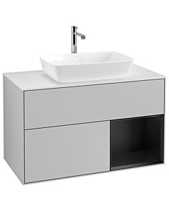 Villeroy und Boch Finion Villeroy und Boch G781PDGJ 100cm, plaque de recouvrement blanc mat, Emotion, étagères laqué noir mat, gris clair mat