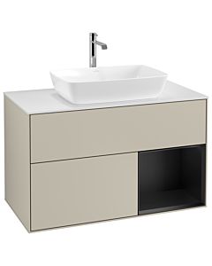 Villeroy und Boch Finion Villeroy und Boch G781PDHH 100cm, plaque de recouvrement blanc mat, Emotion, étagères laqué noir mat, Sand Matt Lacquer