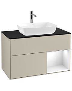 Villeroy und Boch Finion Waschtischunterschrank G782GFHH 100cm, Abdeckplatte black matt, Emotion, Regale Glossy white lacquer, Sand Matt Lacquer