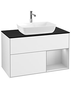 Villeroy und Boch Finion Villeroy und Boch G782GJGF 100cm, plaque de finition noir mat, Emotion, étagères laqué gris clair mat, laqué blanc brillant