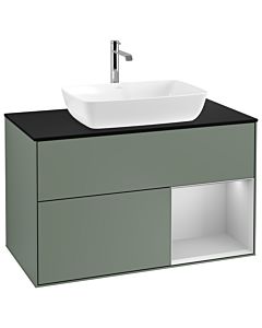 Villeroy und Boch Finion Waschtischunterschrank G782GJGM 100cm, Abdeckplatte black matt, Emotion, Regale Light grey matt lacquer, Olive Matt Lacquer
