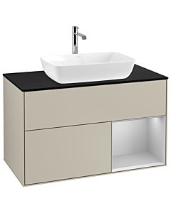 Villeroy und Boch Finion Waschtischunterschrank G782GJHH 100cm, Abdeckplatte black matt, Emotion, Regale Light grey matt lacquer, Sand Matt Lacquer