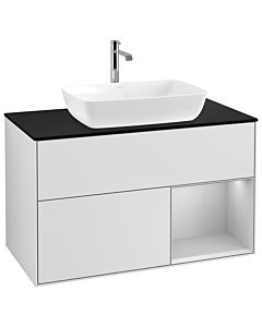 Villeroy und Boch Finion Waschtischunterschrank G782GJMT 100cm, Abdeckplatte black matt, Emotion, Regale Light grey matt lacquer, White matt lacquer