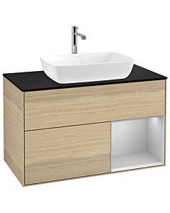 Villeroy und Boch Finion Waschtischunterschrank G782GJPC 100cm, Abdeckplatte black matt, Emotion, Regale Light grey matt lacquer, Oak Veneer