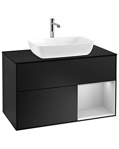 Villeroy und Boch Finion Waschtischunterschrank G782GJPD 100cm, Abdeckplatte black matt, Emotion, Regale Light grey matt lacquer, Black matt lacquer