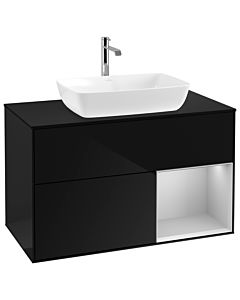Villeroy und Boch Finion Waschtischunterschrank G782GJPH 100cm, Abdeckplatte black matt, Emotion, Regale Light grey matt lacquer, Glossy Black Lacquer