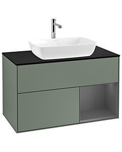 Villeroy und Boch Finion Waschtischunterschrank G782GKGM 100cm, Abdeckplatte black matt, Emotion, Regale Anthracite matt lacquer, Olive Matt Lacquer
