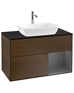 Villeroy und Boch Finion Villeroy und Boch G782GKGN 100cm, plaque de recouvrement noire mate, Emotion, étagères laqué anthracite mat, placage noyer