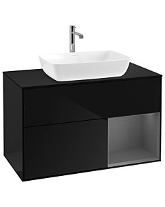 Villeroy und Boch Finion Waschtischunterschrank G782GKPH 100cm, Abdeckplatte black matt, Emotion, Regale Anthracite matt lacquer, Glossy Black Lacquer