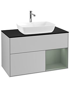 Villeroy und Boch Finion Waschtischunterschrank G782GMGJ 100cm, Abdeckplatte black matt, Emotion, Regale Olive matt lacquer, Light grey matt