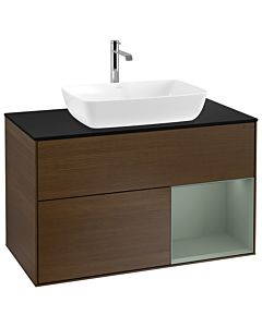 Villeroy und Boch Finion Villeroy und Boch G782GMGN 100cm, plaque de recouvrement noir mat, Emotion, étagères laqué olive mat, placage noyer