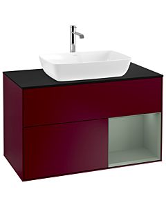Villeroy und Boch Finion Waschtischunterschrank G782GMHB 100cm, Abdeckplatte black matt, Emotion, Regale Olive matt lacquer, Peony Matt