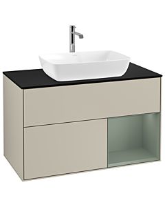 Villeroy und Boch Finion Waschtischunterschrank G782GMHH 100cm, Abdeckplatte black matt, Emotion, Regale Olive matt lacquer, Sand Matt Lacquer