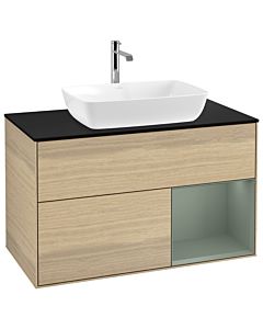 Villeroy und Boch Finion Waschtischunterschrank G782GMPC 100cm, Abdeckplatte black matt, Emotion, Regale Olive matt lacquer, Oak Veneer