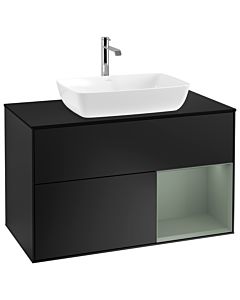 Villeroy und Boch Finion Waschtischunterschrank G782GMPD 100cm, Abdeckplatte black matt, Emotion, Regale Olive matt lacquer, Black matt lacquer