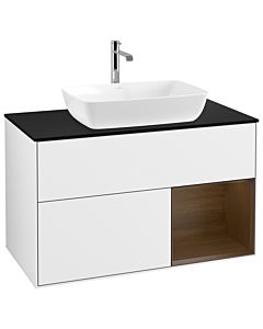 Villeroy und Boch Finion Waschtischunterschrank G782GNGF 100cm, Abdeckplatte black matt, Emotion, Regale Walnut Veneer, Glossy white lacquer