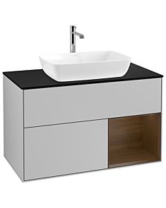 Villeroy und Boch Finion Waschtischunterschrank G782GNGJ 100cm, Abdeckplatte black matt, Emotion, Regale Walnut Veneer, Light grey matt