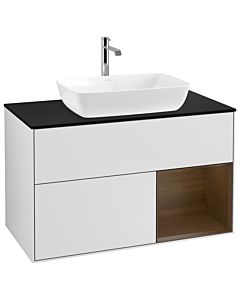Villeroy und Boch Finion Waschtischunterschrank G782GNMT 100cm, Abdeckplatte black matt, Emotion, Regale Walnut Veneer, White matt lacquer