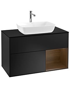 Villeroy und Boch Finion Waschtischunterschrank G782GNPD 100cm, Abdeckplatte black matt, Emotion, Regale Walnut Veneer, Black matt lacquer