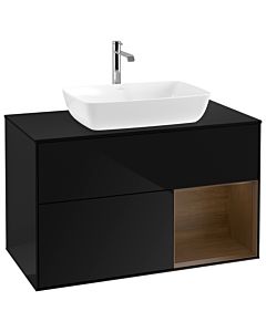 Villeroy und Boch Finion Waschtischunterschrank G782GNPH 100cm, Abdeckplatte black matt, Emotion, Regale Walnut Veneer, Glossy Black Lacquer