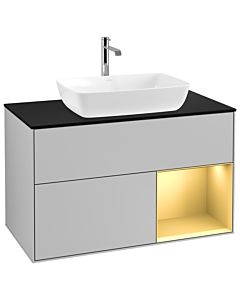 Villeroy und Boch Finion Waschtischunterschrank G782HFGJ 100cm, Abdeckplatte black matt, Emotion, Regale Gold matt lacquer, Light grey matt
