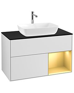 Villeroy und Boch Finion Waschtischunterschrank G782HFMT 100cm, Abdeckplatte black matt, Emotion, Regale Gold matt lacquer, White matt lacquer