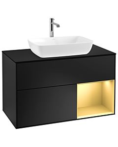 Villeroy und Boch Finion Waschtischunterschrank G782HFPD 100cm, Abdeckplatte black matt, Emotion, Regale Gold matt lacquer, Black matt lacquer