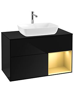 Villeroy und Boch Finion Waschtischunterschrank G782HFPH 100cm, Abdeckplatte black matt, Emotion, Regale Gold matt lacquer, Glossy Black Lacquer