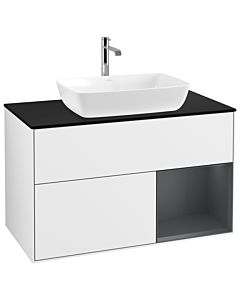 Villeroy und Boch Finion Waschtischunterschrank G782HGGF 100cm, Abdeckplatte black matt, Emotion, Regale Midnight matt lacquer, Glossy white lacquer