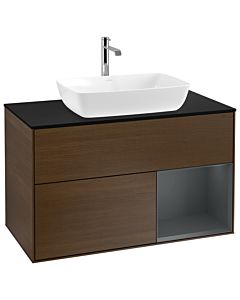 Villeroy und Boch Finion Waschtischunterschrank G782HGGN 100cm, Abdeckplatte black matt, Emotion, Regale Midnight matt lacquer, Walnut veneer