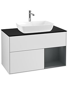 Villeroy und Boch Finion Waschtischunterschrank G782HGMT 100cm, Abdeckplatte black matt, Emotion, Regale Midnight matt lacquer, White matt lacquer