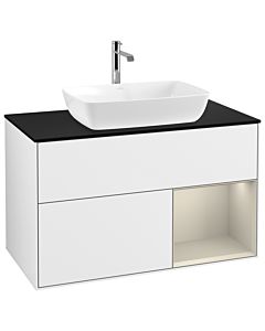 Villeroy und Boch Finion Waschtischunterschrank G782HHGF 100cm, Abdeckplatte black matt, Emotion, Regale sand matt lacquer, Glossy white lacquer