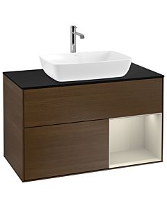 Villeroy und Boch Finion Waschtischunterschrank G782HHGN 100cm, Abdeckplatte black matt, Emotion, Regale sand matt lacquer, Walnut veneer