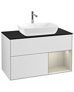 Villeroy und Boch Finion Waschtischunterschrank G782HHMT 100cm, Abdeckplatte black matt, Emotion, Regale sand matt lacquer, White matt lacquer