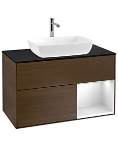 Villeroy und Boch Finion Waschtischunterschrank G782MTGN 100cm, Abdeckplatte black matt, Emotion, Regale White matt lacquer, Walnut veneer