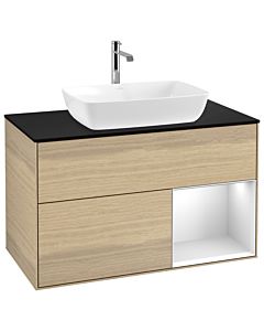 Villeroy und Boch Finion Waschtischunterschrank G782MTPC 100cm, Abdeckplatte black matt, Emotion, Regale White matt lacquer, Oak Veneer