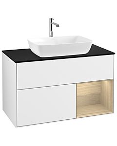 Villeroy und Boch Finion Waschtischunterschrank G782PCGF 100cm, Abdeckplatte black matt, Emotion, Regale Oak Veneer, Glossy white lacquer