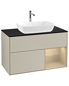 Villeroy und Boch Finion Waschtischunterschrank G782PCHH 100cm, Abdeckplatte black matt, Emotion, Regale Oak Veneer, Sand Matt Lacquer