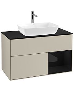Villeroy und Boch Finion Villeroy und Boch G782PHHH 100cm, plaque de recouvrement noire mate, Emotion, étagères en laque noire brillante, Sand Matt Lacquer