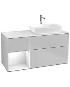 Villeroy und Boch Finion Villeroy und Boch G801GFGJ 120cm, plaque de finition blanc mat, Emotion, étagères laqué blanc brillant, gris clair mat