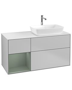 Villeroy und Boch Finion Villeroy und Boch G801GMGJ 120cm, plaque de recouvrement blanc mat, Emotion, étagères laqué olive mat, gris clair mat