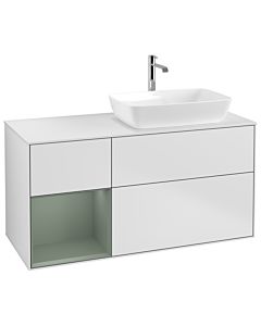 Villeroy und Boch Finion Waschtischunterschrank G801GMMT 120cm, Abdeckplatte white matt, Emotion, Regale Olive matt lacquer, White matt lacquer