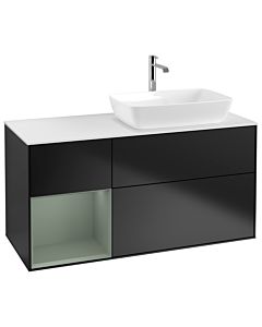 Villeroy und Boch Finion Waschtischunterschrank G801GMPD 120cm, Abdeckplatte white matt, Emotion, Regale Olive matt lacquer, Black matt lacquer