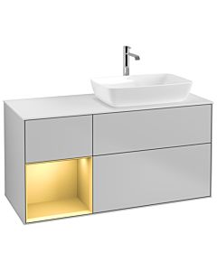 Villeroy und Boch Finion Villeroy und Boch G801HFGJ 120cm, plaque de finition blanc mat, Emotion, étagères laqué or mat, gris clair mat