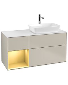 Villeroy und Boch Finion Villeroy und Boch G801HFHH 120cm, plaque de recouvrement blanc mat, Emotion, étagères laqué or mat, Sand Matt Lacquer