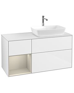 Villeroy und Boch Finion Waschtischunterschrank G801HHGF 120cm, Abdeckplatte white matt, Emotion, Regale sand matt lacquer, Glossy white lacquer